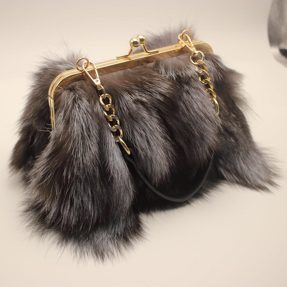 Natural Silver Fox Fur Purse – Dual Strap Shoulder Bag for Women - Picture 4 of 6